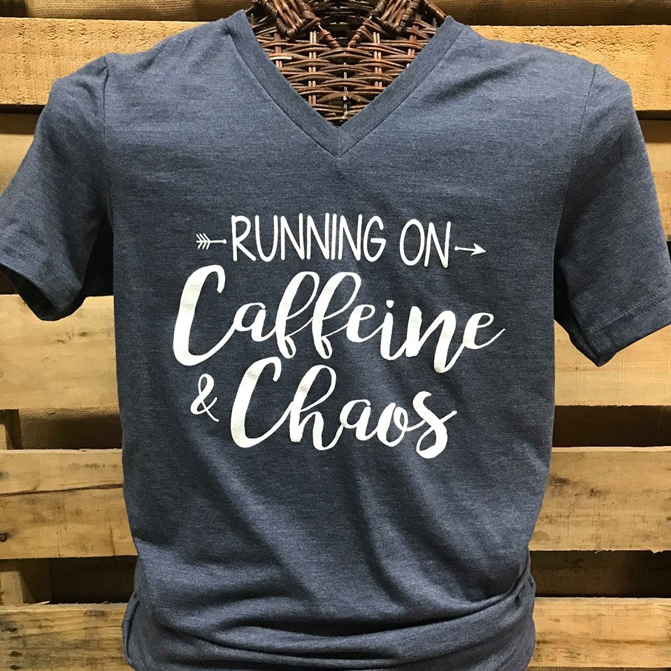 Southern Chics Apparel Running on Caffeine & Chaos Arrow  Canvas Girlie V-Neck Bright T Shirt