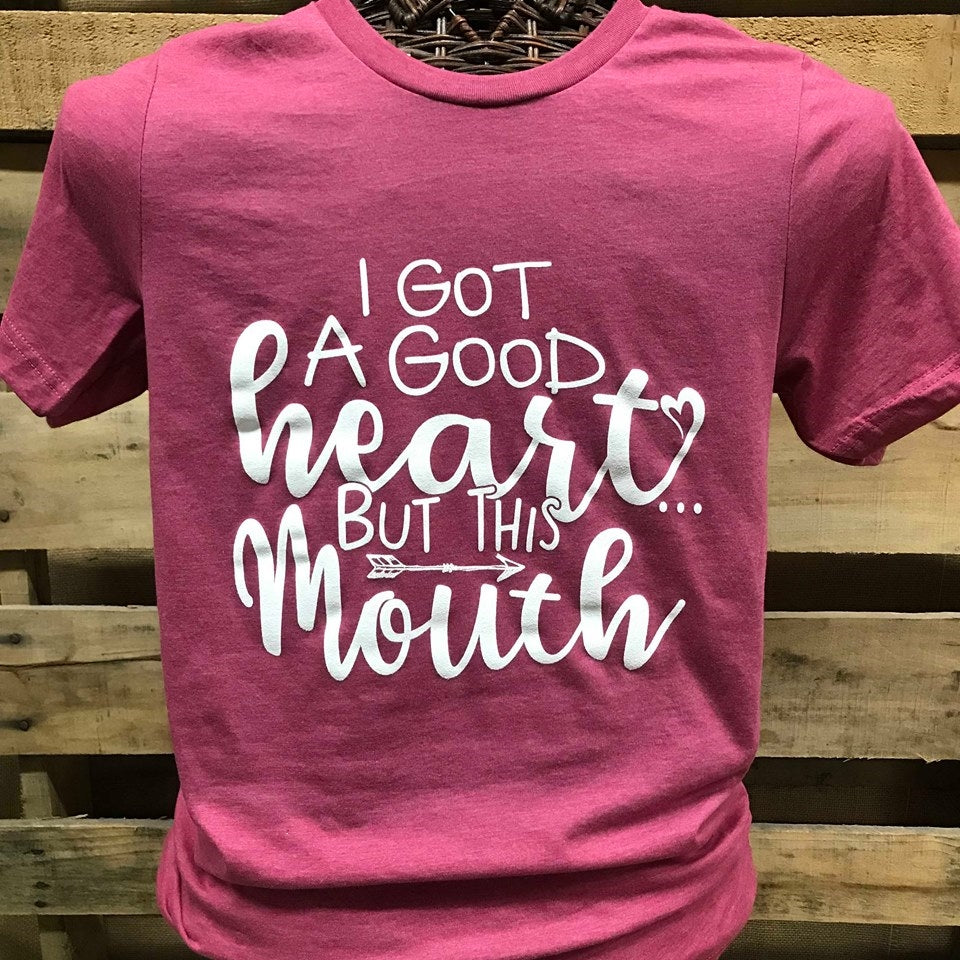 Southern Chics Apparel Got a Good Heart but Bless this Mouth Canvas Girlie Bright T Shirt - SimplyCuteTees