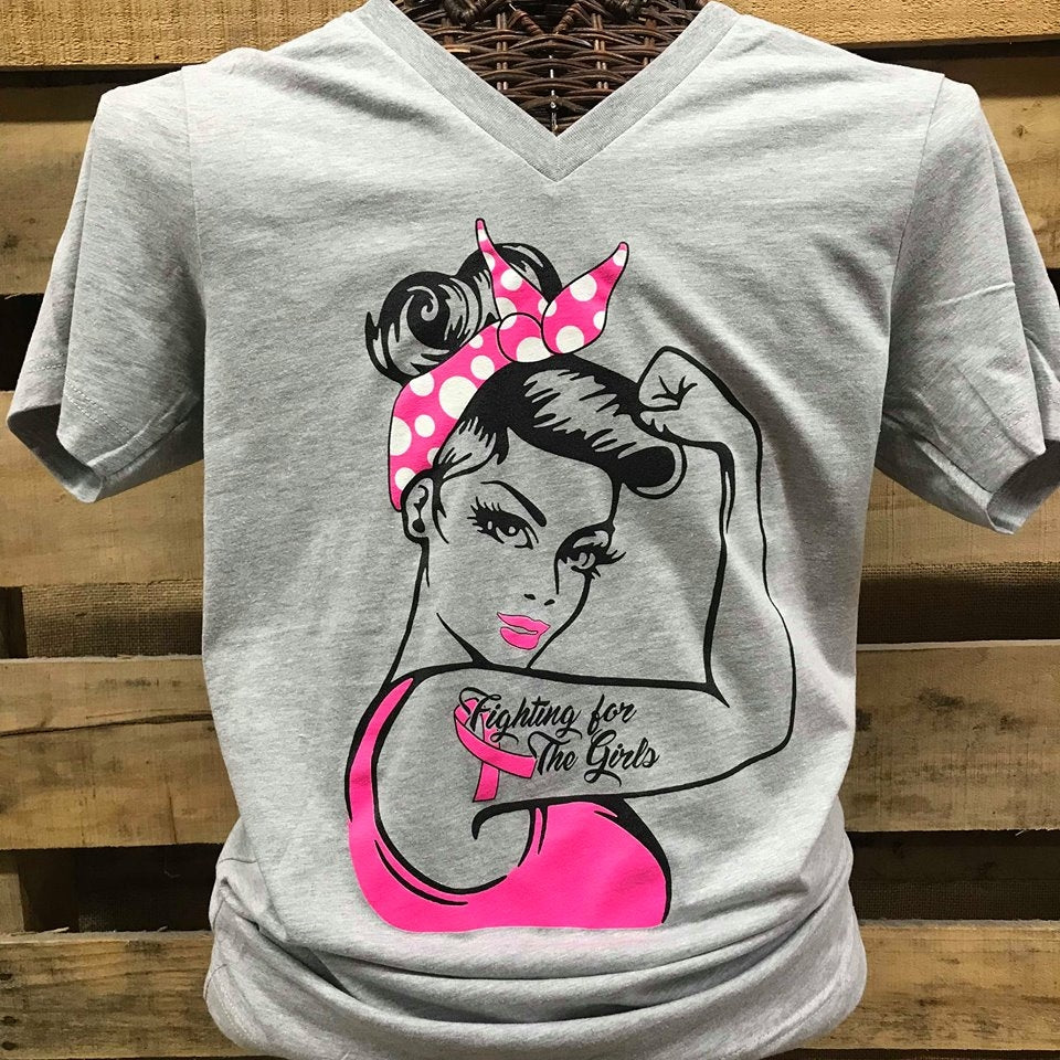 Southern Chics Breast Cancer Pink Ribbon Canvas Girlie V-Neck Bright T Shirt