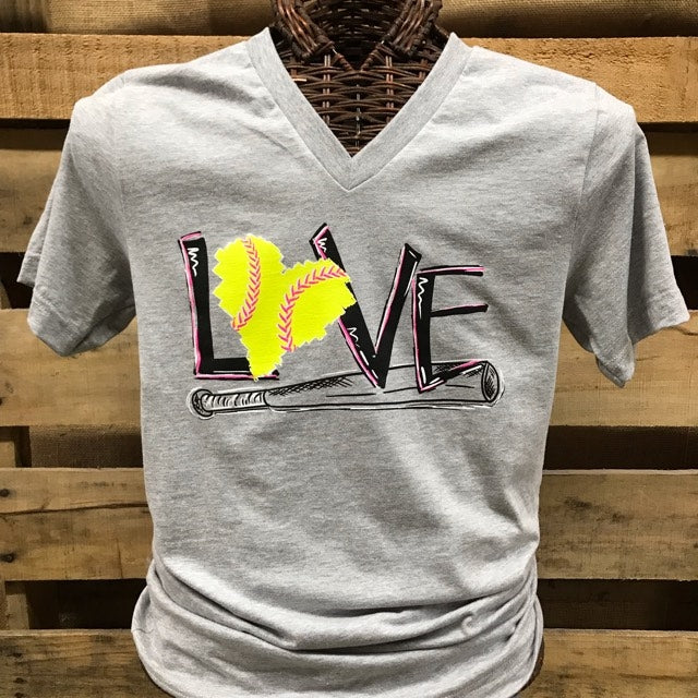 Southern Chics Apparel Love Softball Canvas Girlie V-Neck Bright T Shirt