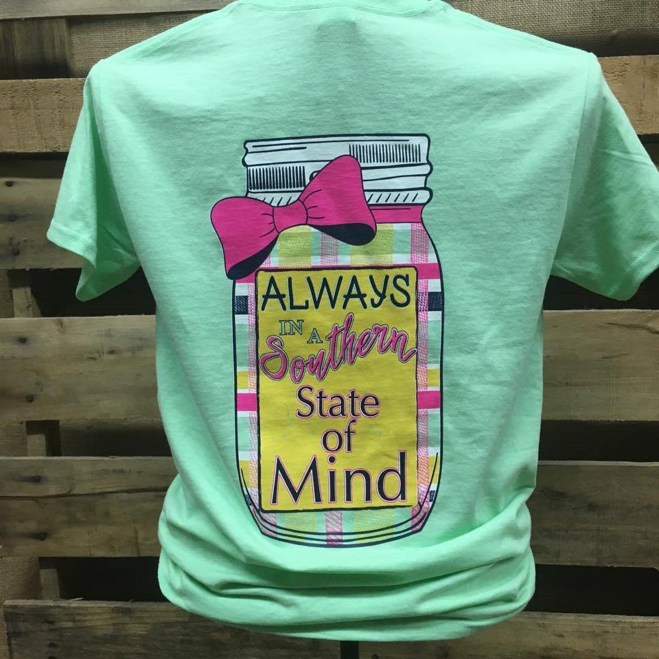 SALE Southern Chics Apparel Always in a Southern State of Mind Mason Jar Bow Girlie Bright T Shirt