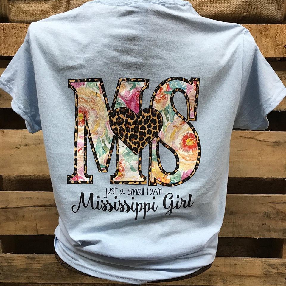Southern Chics Mississippi State MS Small Town Girl Heart Girlie Bright T Shirt