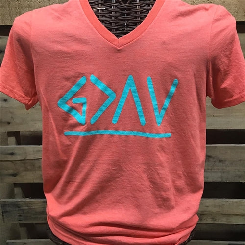 Southern Chics Apparel God's Greater V-Neck Canvas Girlie Bright T Shirt - SimplyCuteTees