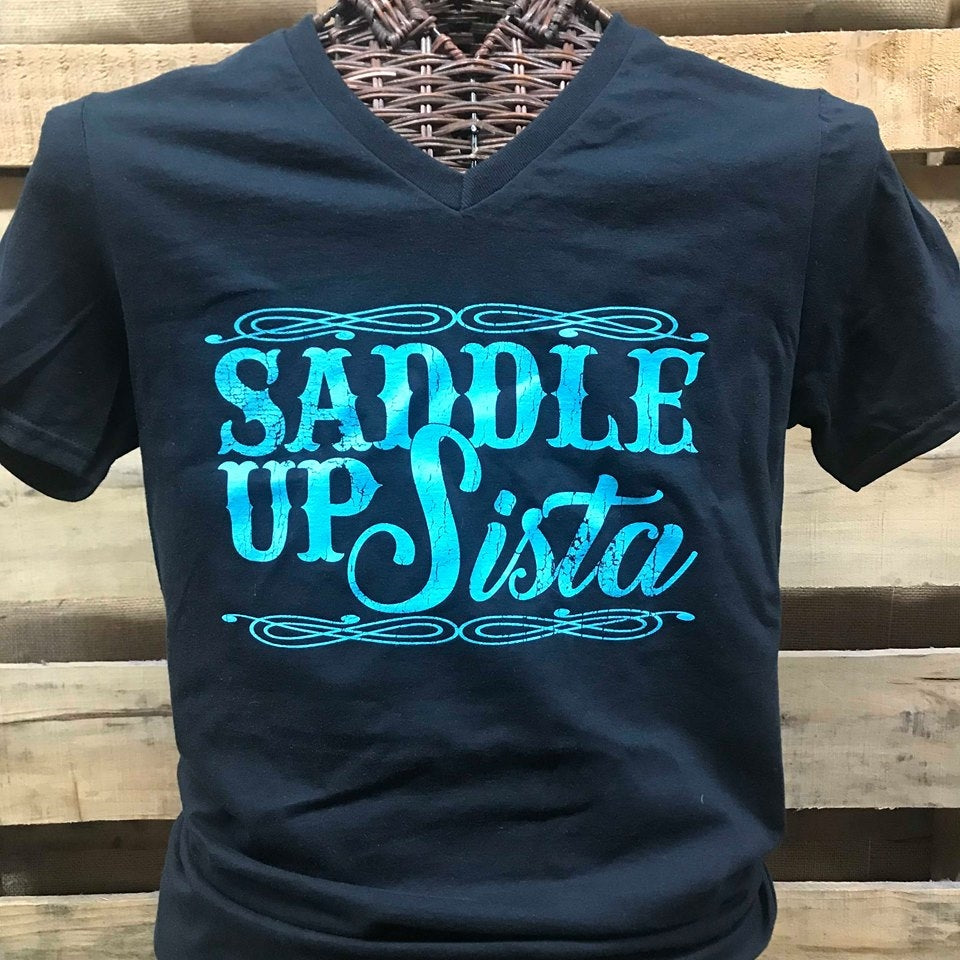 Southern Chics Apparel Saddle Up Sista Canvas V-Neck Bright T Shirt
