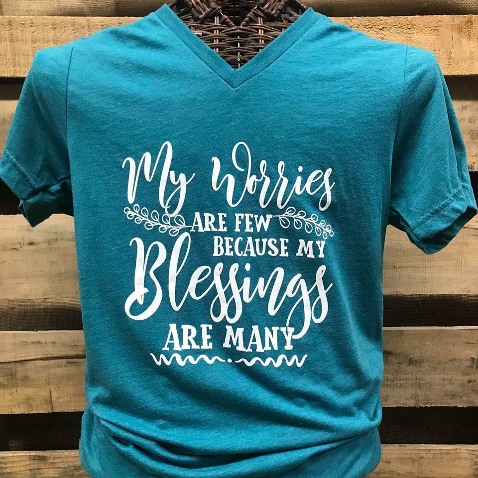Southern Chics Apparel My Worries are Few My Blessings are Many Canvas V-Neck Bright T Shirt