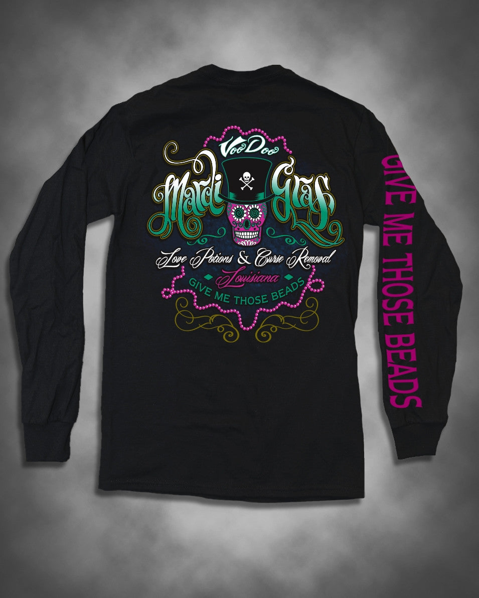 Sweet Thing Mardi Gras Voodoo Sugar Skull Skeleton Beads Bright Girlie Long Sleeve T Shirt - SimplyCuteTees