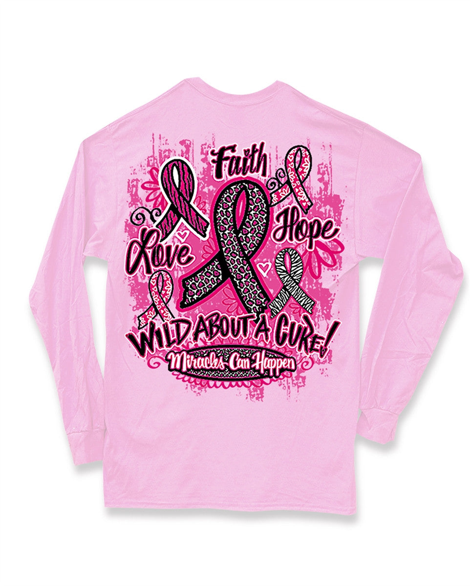 Sweet Thing Wild About a Cure Zebra Leopard Ribbon Breast Cancer Long Sleeve Girlie Bright T-Shirt - SimplyCuteTees