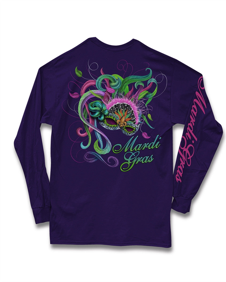 Sweet Thing Mardi Gras Feather Mask Fleur De Lis Beads Purple Girlie Long Sleeve Bright T-Shirt - SimplyCuteTees