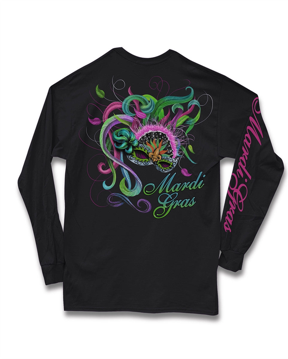 Sweet Thing Mardi Gras Feather Mask Fleur De Lis Beads Girlie Long Sleeve Bright T-Shirt - SimplyCuteTees