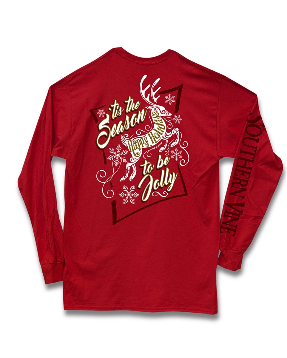 Southern Vine Tis the Season to be Jolly Happy Holidays Christmas Girlie Long Sleeve Bright T-Shirt - SimplyCuteTees