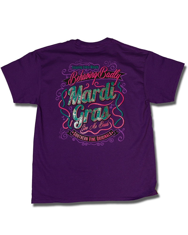 Southern Vine Mardi Gras Behaving Badly Give Me Beads Girlie Bright T-Shirt - SimplyCuteTees