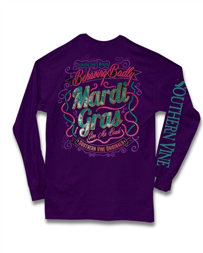 Southern Vine Mardi Gras Behaving Badly Give Me Beads Girlie Long Sleeve Bright T-Shirt - SimplyCuteTees