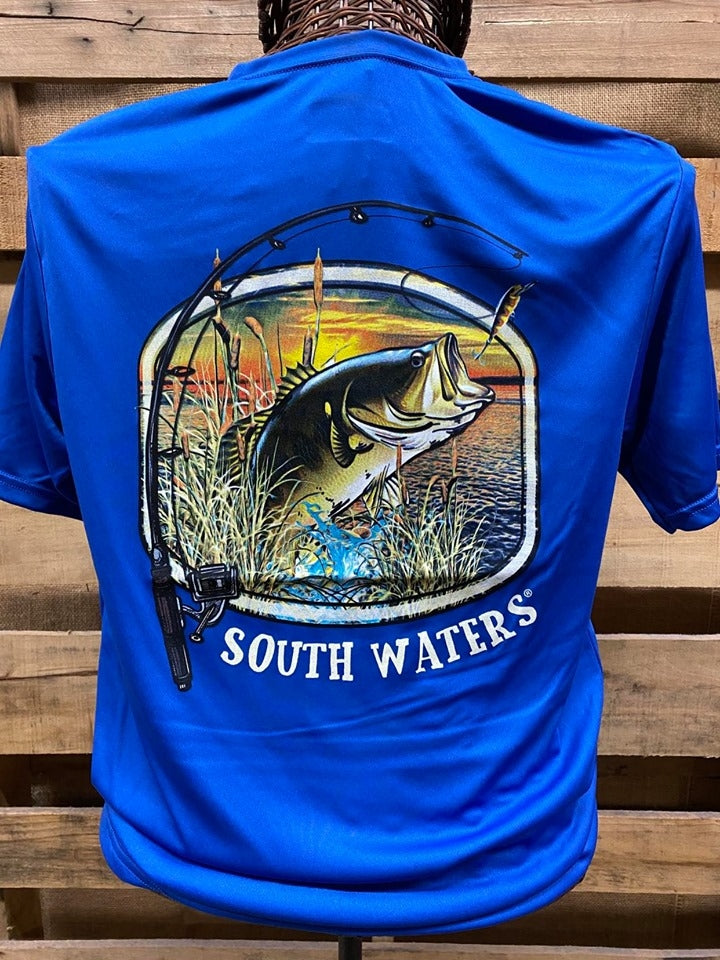 Backwoods South Waters Fishing Bass A-4 Cooling Royal Blue Bright Unisex T Shirt