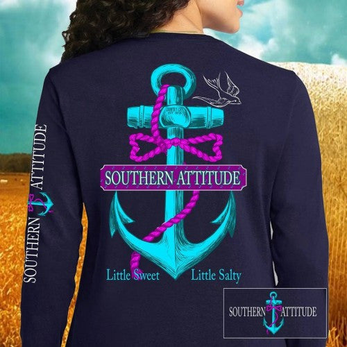Country Life Outfitters Southern Attitude Anchor Bow Navy Vintage Girlie Bright Long Sleeves T Shirt - SimplyCuteTees