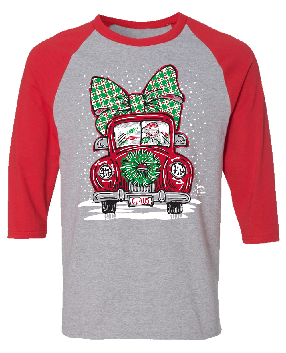 SALE Sassy Frass Santa Clause Mobile Car Bow Christmas Long Sleeve Raglan T Shirt