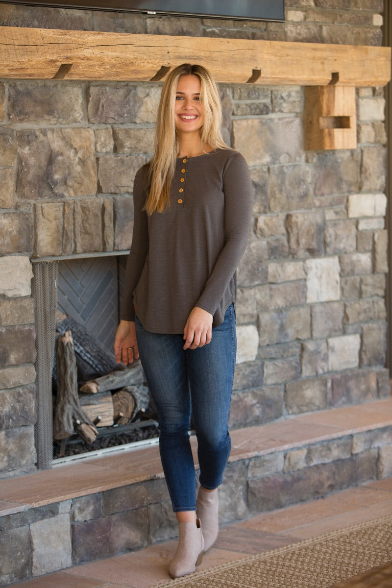 SALE Simply Southern Preppy Henley Dark Grey Long Sleeve T-Shirt