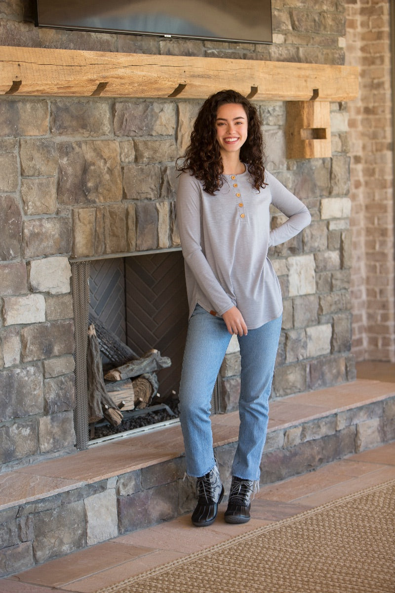 SALE Simply Southern Preppy Henley Grey Long Sleeve T-Shirt