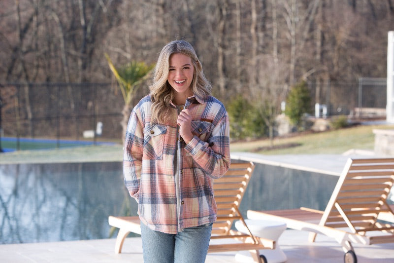 Simply Southern Pink Plaid Sherpa Lined Sweater Jacket Shacket