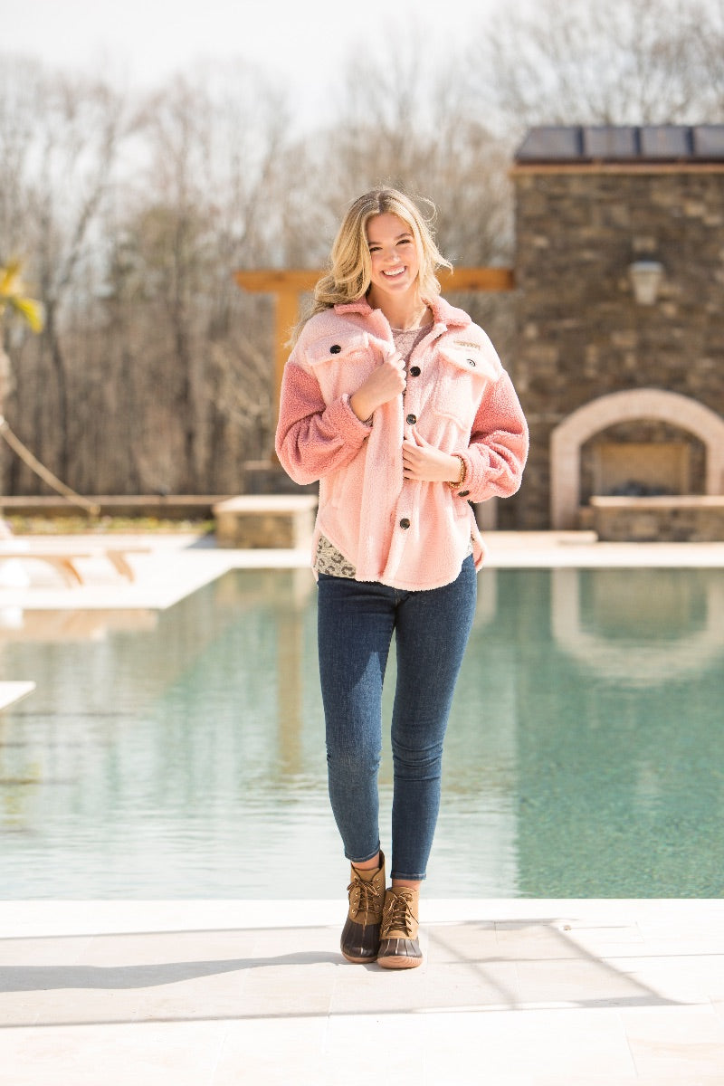 SALE Simply Southern Pink Long Sleeve Soft Sherpa Shacket