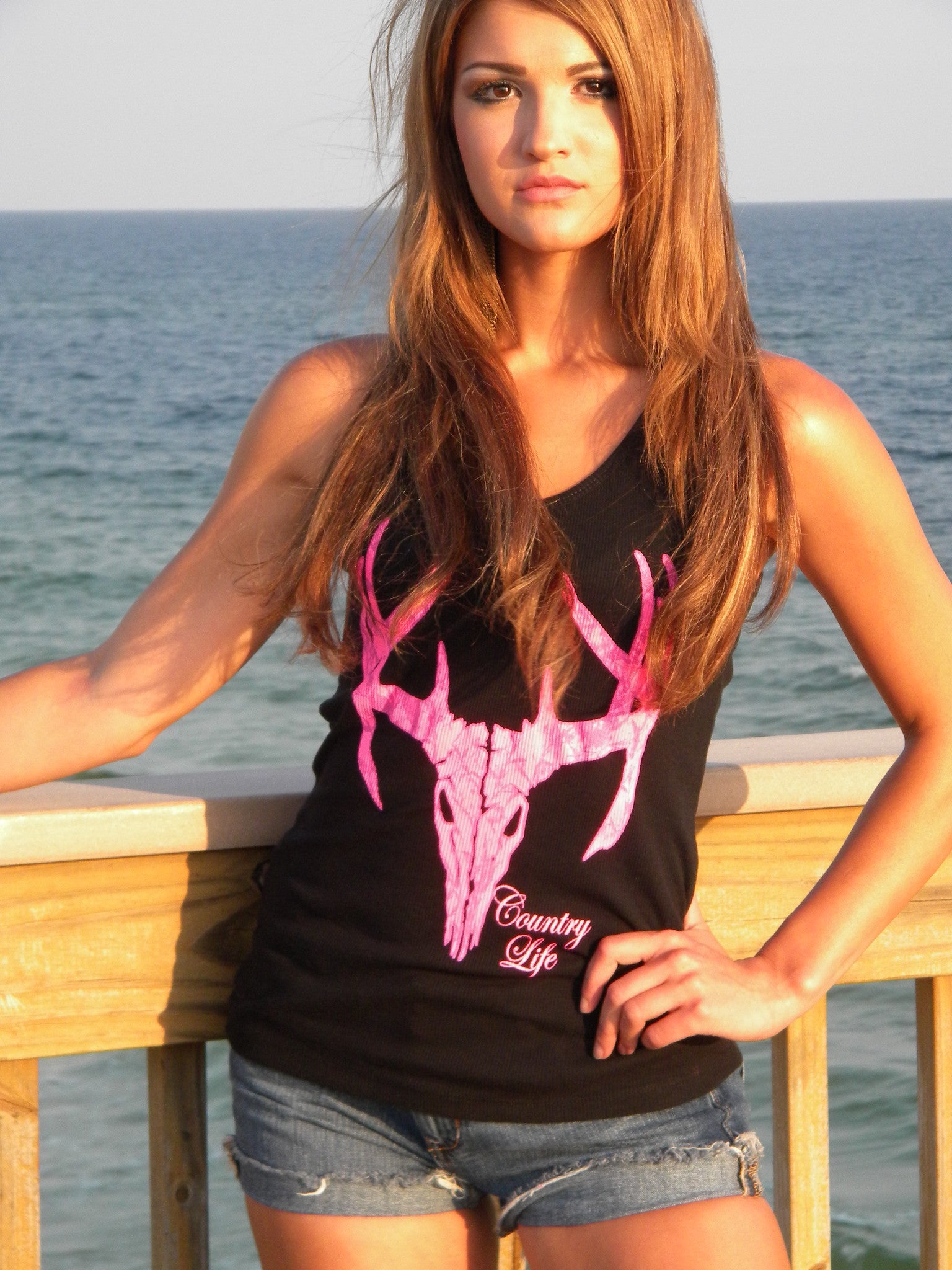 Country Life Outfitters Black & Pink Deer Skull Head Hunt Vintage Bright Fitted Tank Top Shirt - SimplyCuteTees