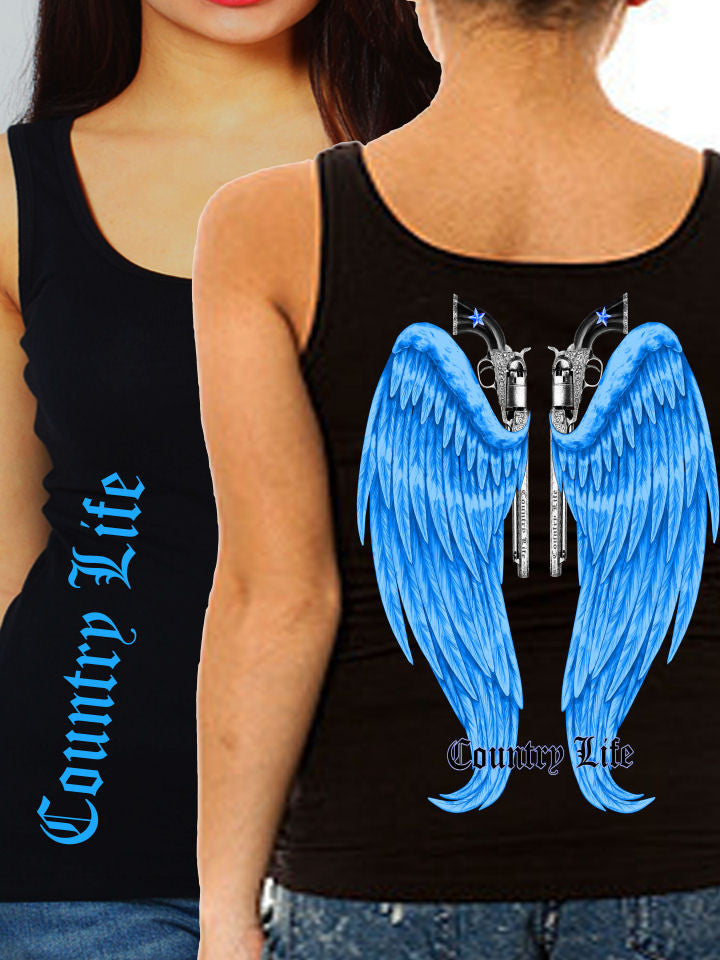 Country Life Outfitters Black & Blue Wings Guns Vintage Girlie Fitted Bright Tank Top Shirt - SimplyCuteTees
