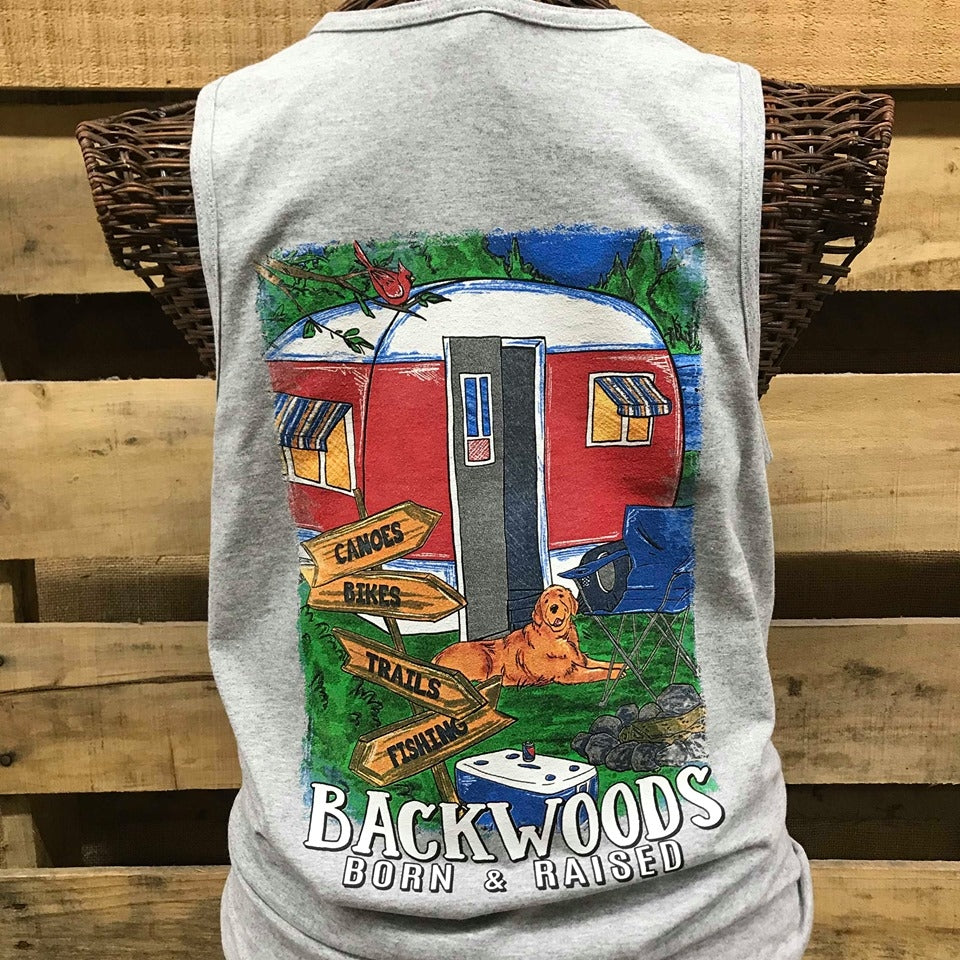SALE Backwoods Born & Raised Camper Fishing Trails Bikes Canoes Comfort Colors Unisex T Shirt Tank Top