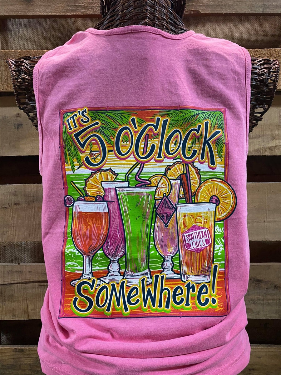 Southern Chics Apparel 5 O Clock Somewhere Drinks Cocktails Comfort Colors Girlie Bright T Shirt Tank Top