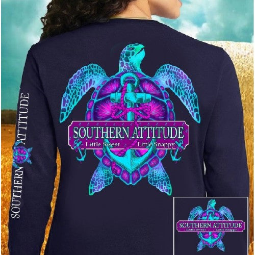 Country Life Outfitters Southern Attitude Snappy Turtle Anchor Bow Navy Vintage Girlie Bright Long Sleeve T Shirt - SimplyCuteTees