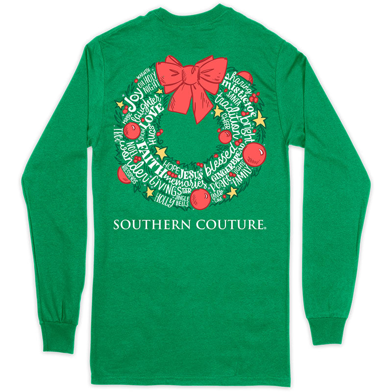 SALE Southern Couture Classic Christmas Wreath Holiday Long Sleeve T-Shirt