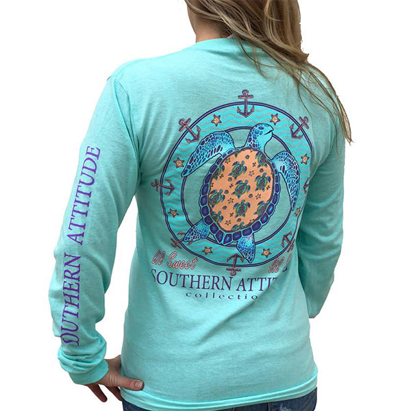 Southern Attitude Preppy Lil Snappy Turtle Seafoam Long Sleeve T-Shirt