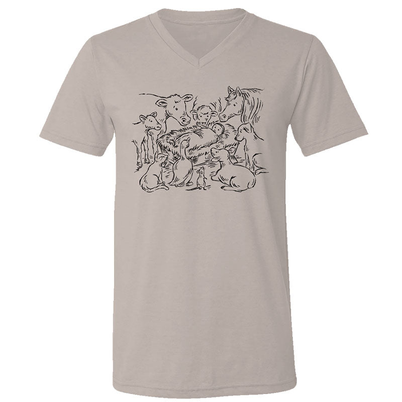 Sassy Frass Adore Him Holiday Nativity V-Neck Canvas T-Shirt