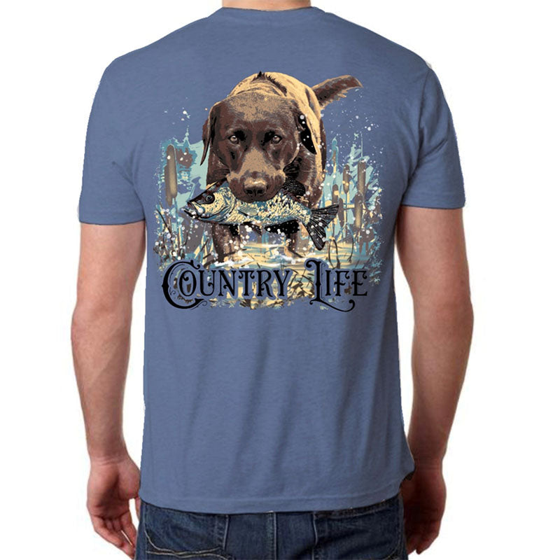 Country Life Outfitters Fishing Dog unisex Green T-Shirt Medium / Indigo Blue