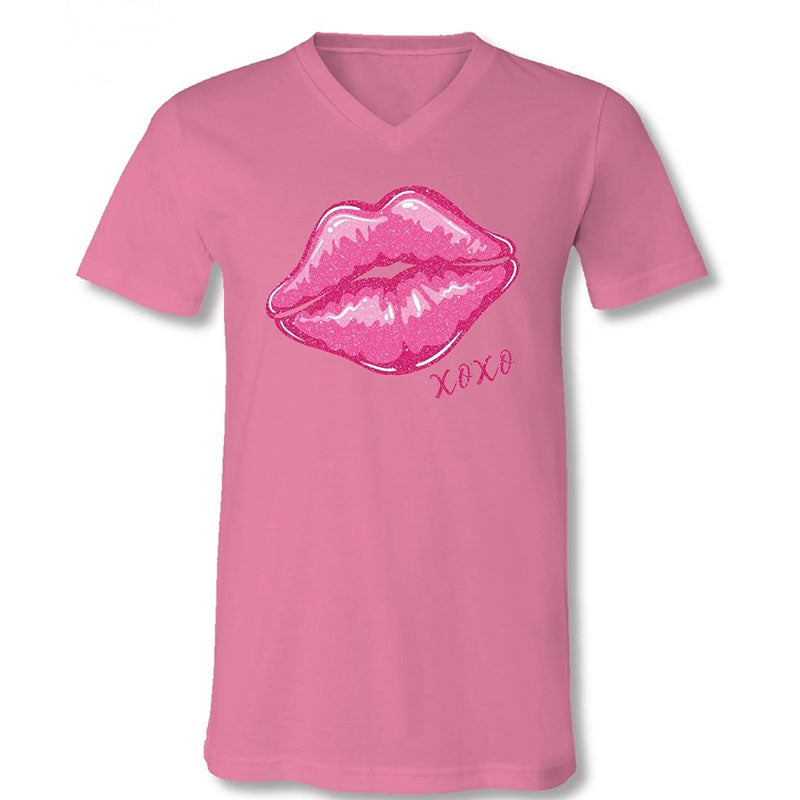 Sassy Frass XOXO Glitter Lips V-Neck Canvas T-Shirt