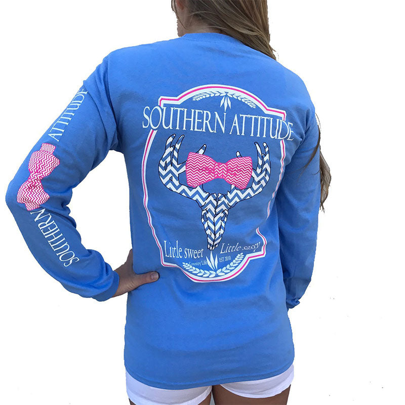 Country Life Outfitters Blue Southern Attitude Chevron Deer Skull Bow Hunt Long Sleeve Bright T Shirt