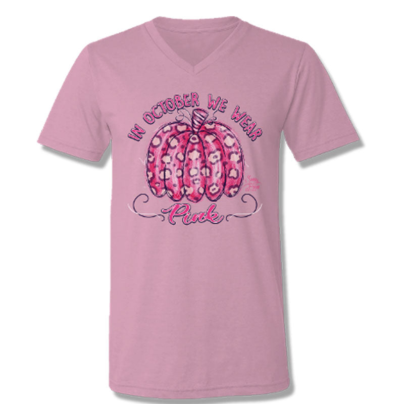SALE Sassy Frass In October We Wear Pink Leopard Pumpkin V-Neck T-Shirt