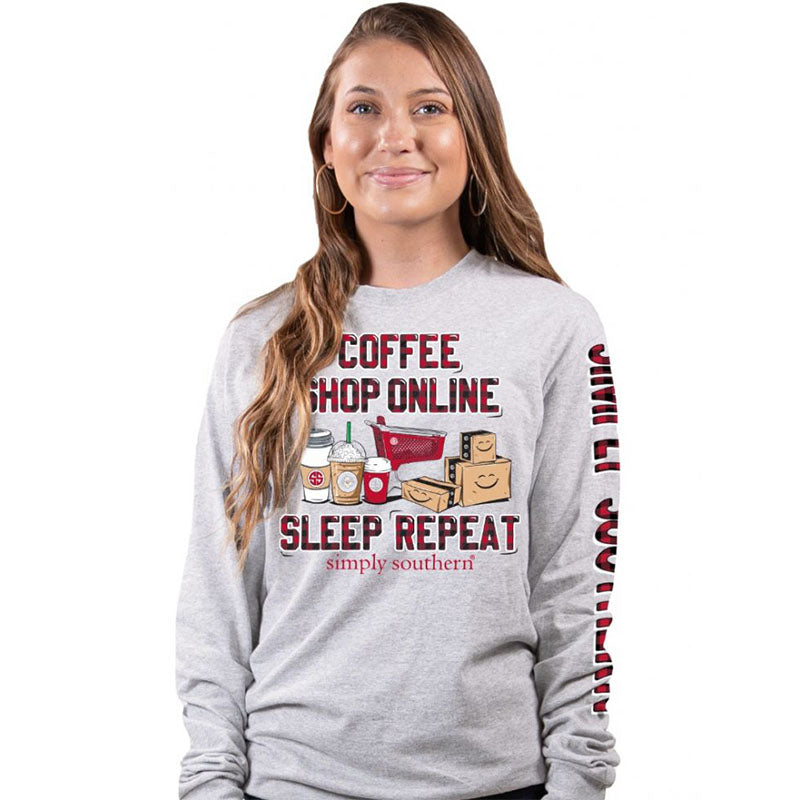 Simply Southern Coffee Shop Sleep Repeat Holiday Long Sleeve T-Shirt