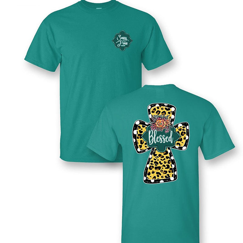 Sassy Frass Blessed Leopard Cross Faith T-Shirt
