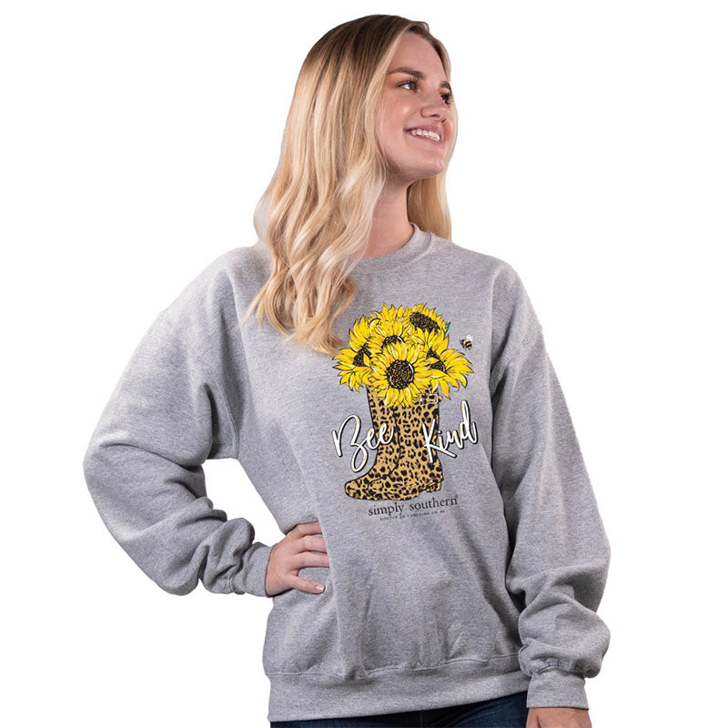 SALE Simply Southern Bee Kind Leopard Boots Long Sleeve Crew Sweatshirt