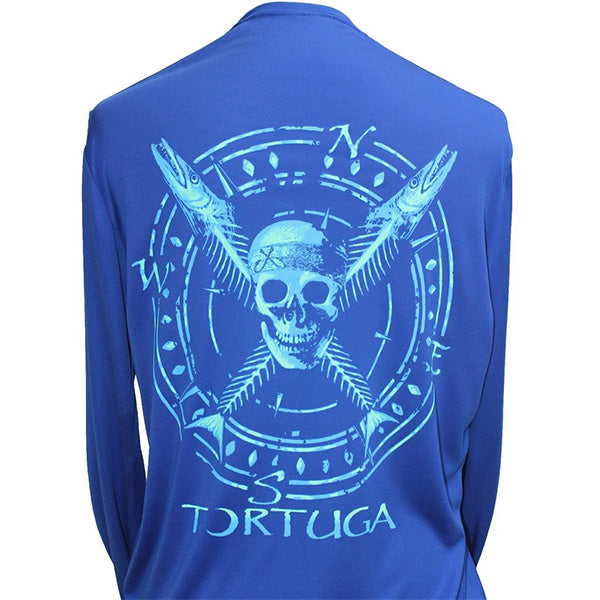 Southern Attitude Tortuga Moon Skull Bones Unisex Sport Tech Blue T-Shirt