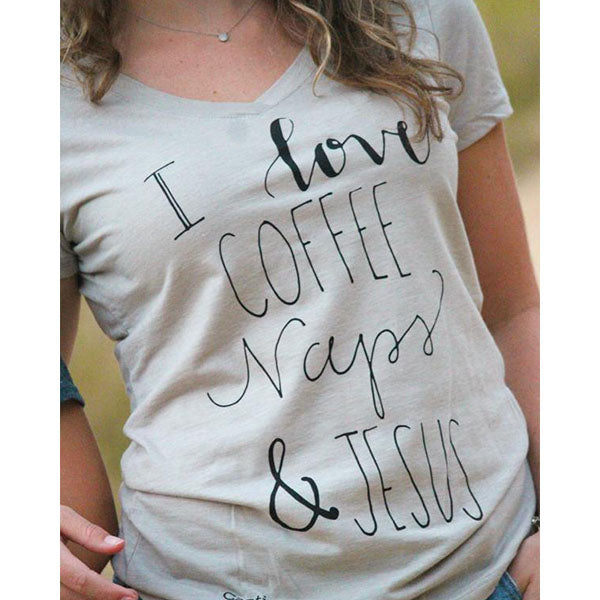 Sassy Frass Captivated I Love Coffee Naps & Jesus V-Neck Bright Girlie T Shirt