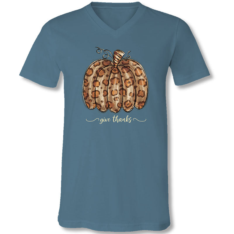 SALE Sassy Frass Give Thanks Leopard Pumpkin V-Neck Canvas T-Shirt