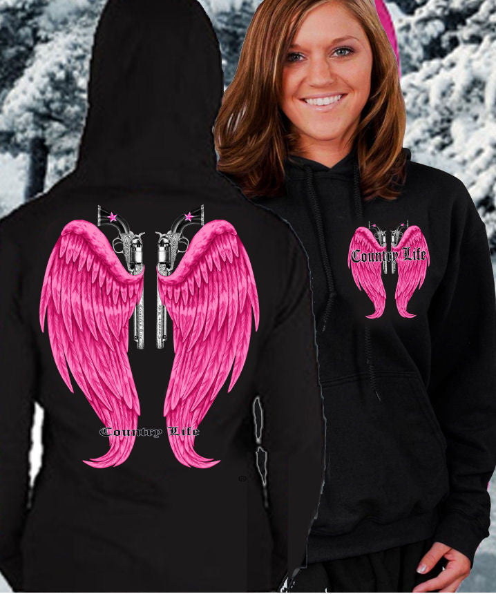 Country Life Outfitters Wings Guns Vintage Black & Pink Bright Girlie Hoodie - SimplyCuteTees