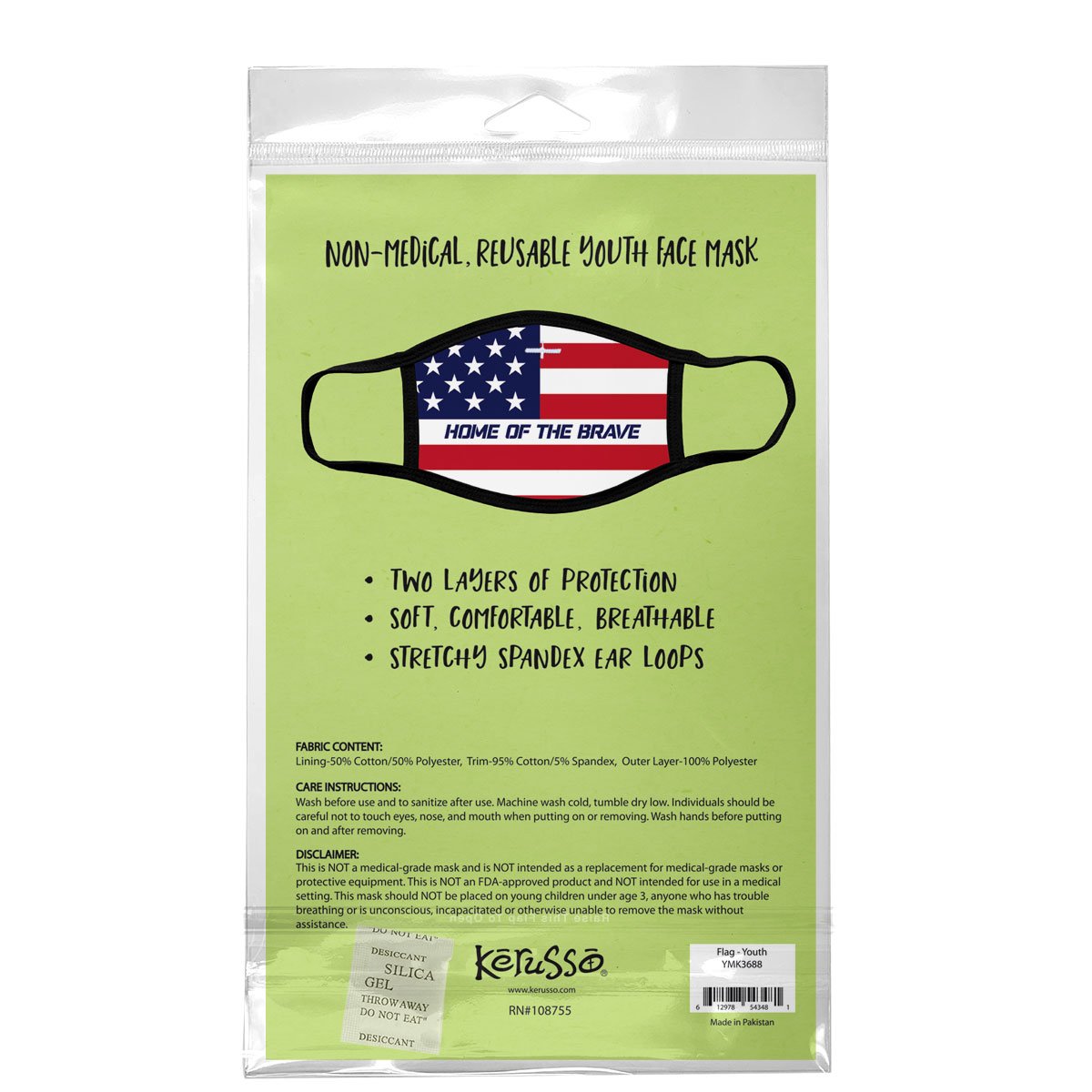 Kerusso Kids Home of the Brave USA American Flag Youth Protective Fashion Mask