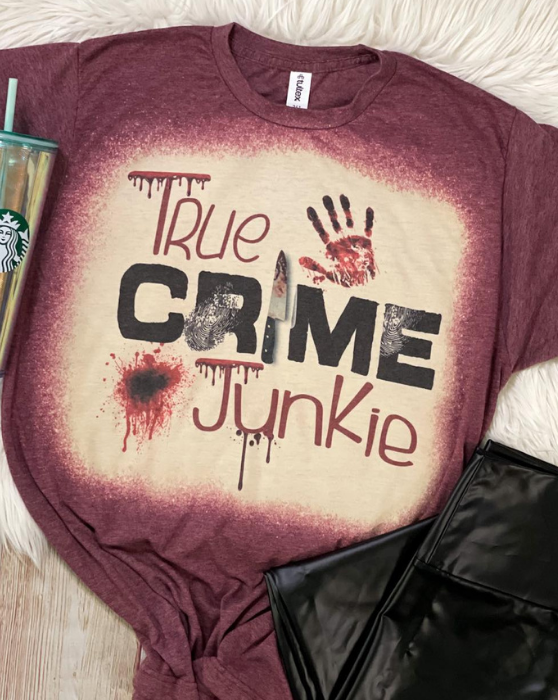 True Crime Junkie Blood Halloween Bleached Dye Canvas Girlie T Shirt