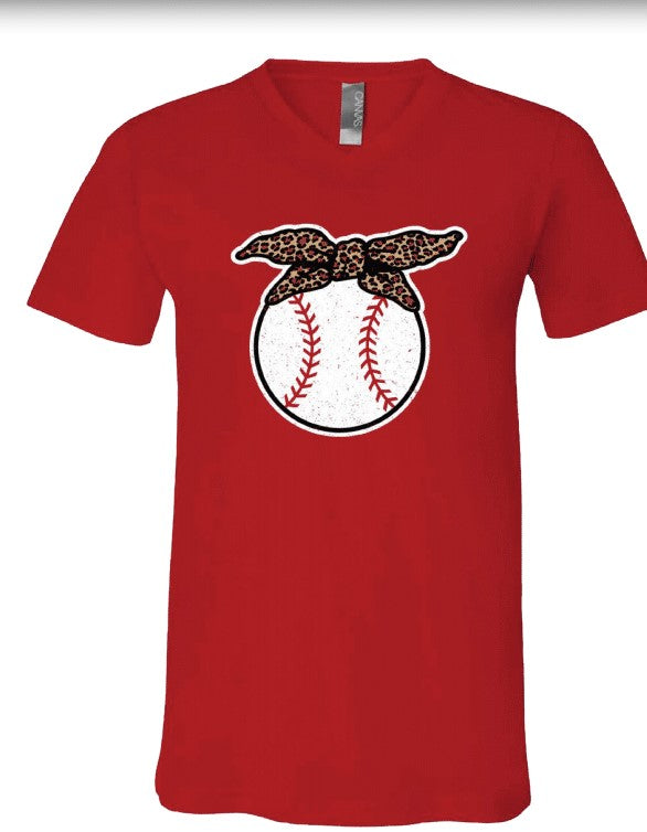 SALE Sassy Frass Baseball Leopard Bow V-Neck Canvas T-Shirt