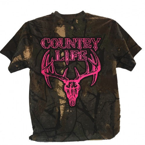 Country Life Outfitters Bone Realtree Camo Pink Deer Skull Head Hunt Vintage Bright T Shirt
