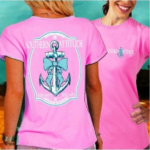 Country Life Outfitters Southern Attitude Anchor Bow Pink Vintage Girlie Bright T Shirt - SimplyCuteTees