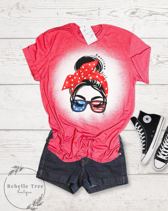American Girl USA Messy Bun Bleached Dye Canvas Girlie T Shirt