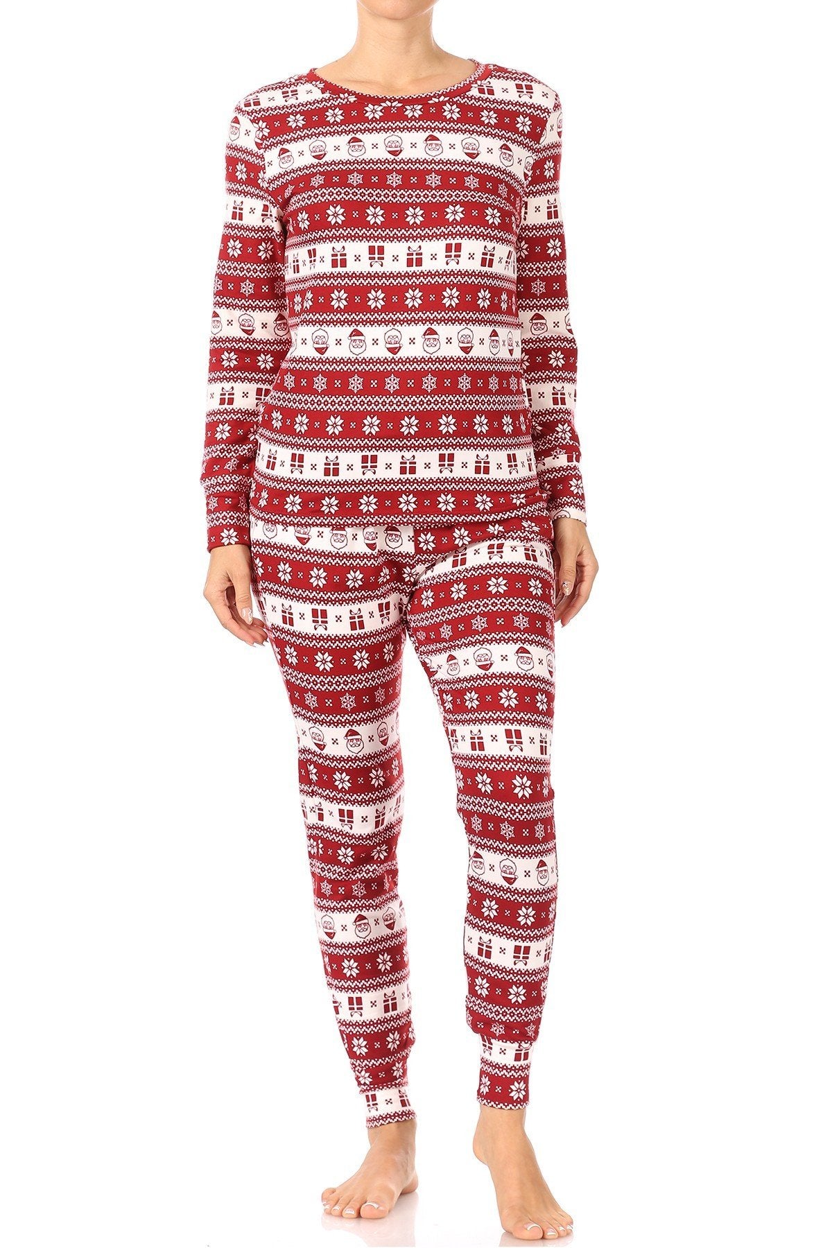 Christmas Fair Isle Santa Fleece Lined Lounge Pajama Set Pants and Shirt