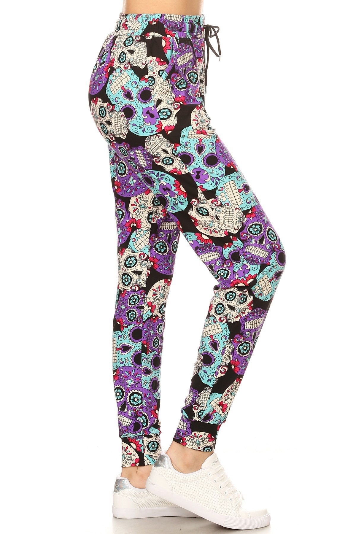Large Colored Sugar Skull Print Soft Lounge Jogger Pants